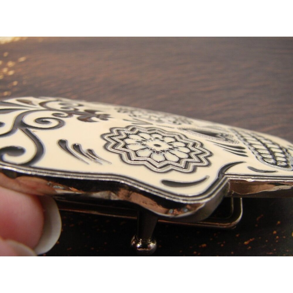 Black White Sugar Skull Belt Buckle Metal Streetwear Day of Dead Floral Mexico - Picture 7 of 10
